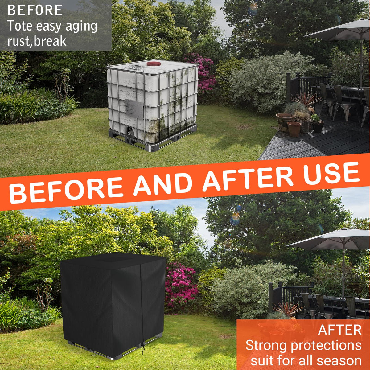 Skyrun IBC tote cover weatherproof design protects stored water year round.