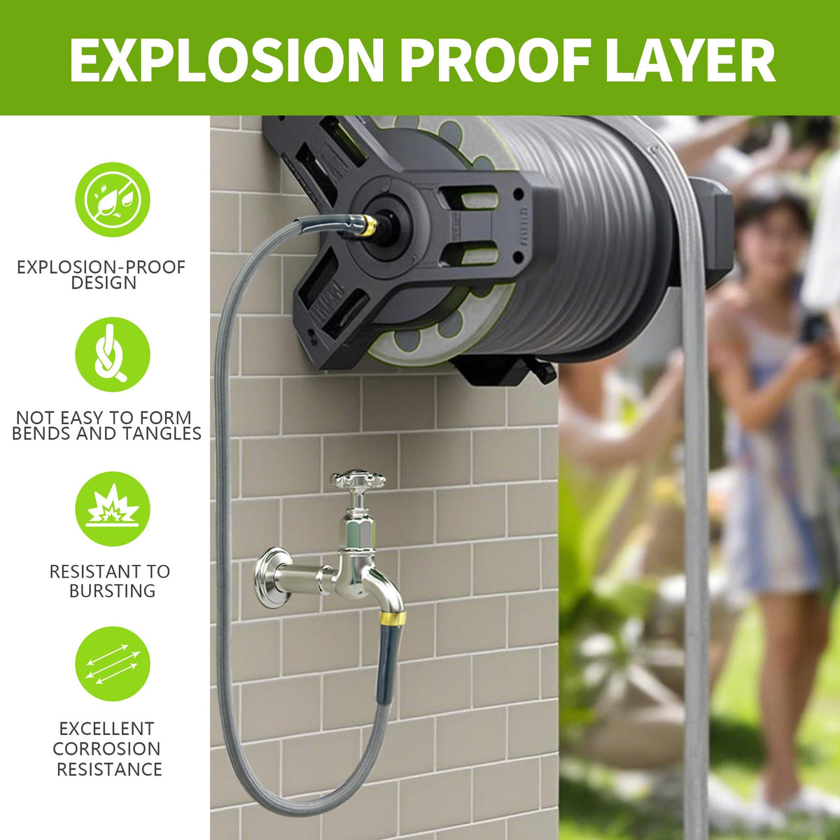Skyward garden hose connects quickly to standard 3/4-inch fittings.