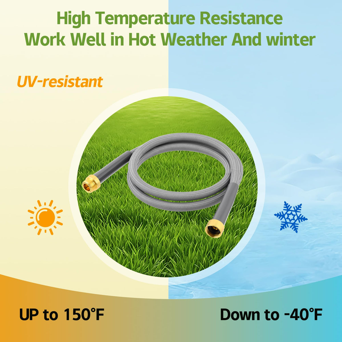 Skyward hose with UV resistance withstands outdoor sun exposure.