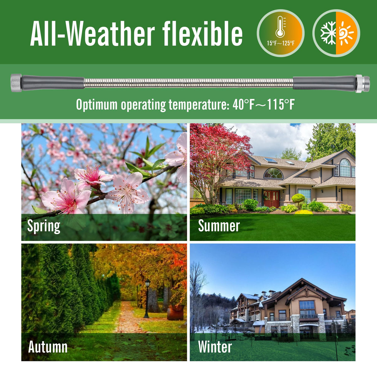 Skyward weather-resistant hose endures sun and weather for lasting storage.
