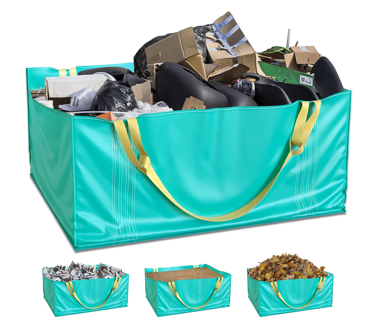 Skywin TidyFriend dumpster bag filled with heavy renovation debris, ready for pickup