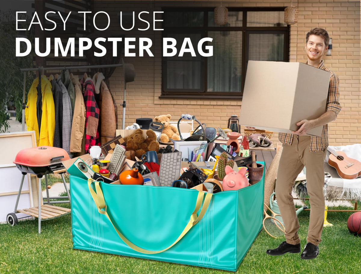 Skywin TidyFriend dumpster bag with strong handles during outdoor waste pickup