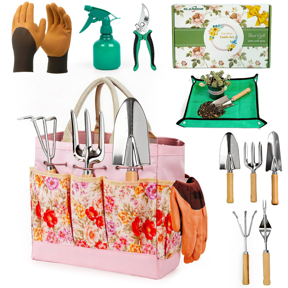 SLARMOR 10-piece garden tool set laid out for easy gardening tasks