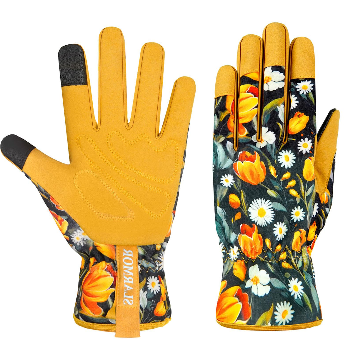 SLARMOR leather gardening gloves with tulip-design back protect hands during planting and pruning.