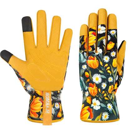 SLARMOR leather gardening gloves with tulip-design back protect hands during planting and pruning.