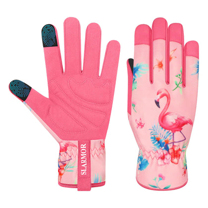 SLARMOR leather gardening gloves with flamingo back design protect hands during planting