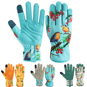 SLARMOR leather gardening gloves back view showing thorn-proof protection for outdoor tasks.