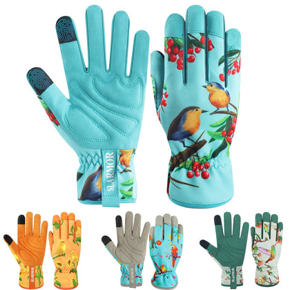 SLARMOR leather gardening gloves back view showing thorn-proof protection for outdoor tasks.
