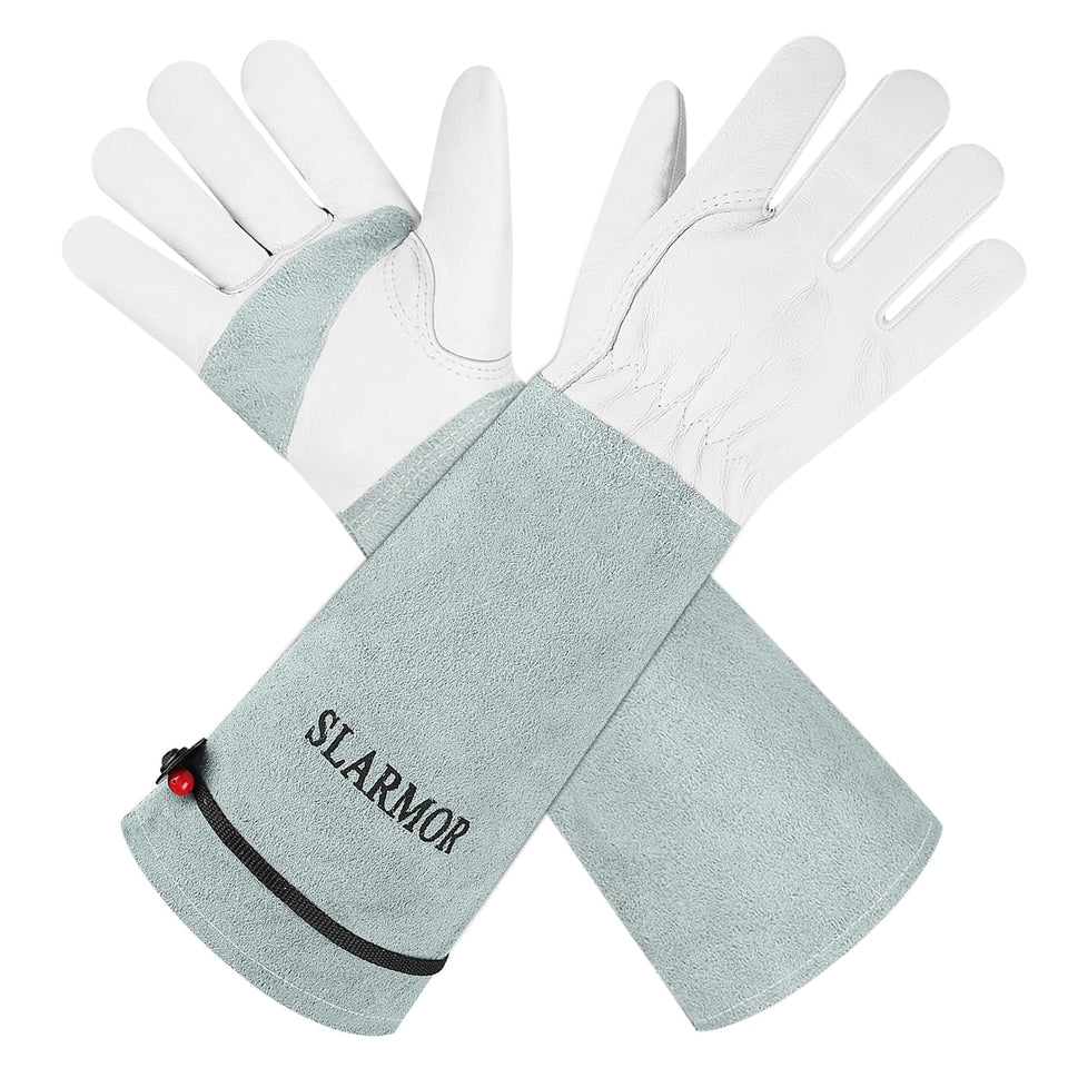 SLARMOR long gardening gloves front view showing thorn-proof design for rose pruning