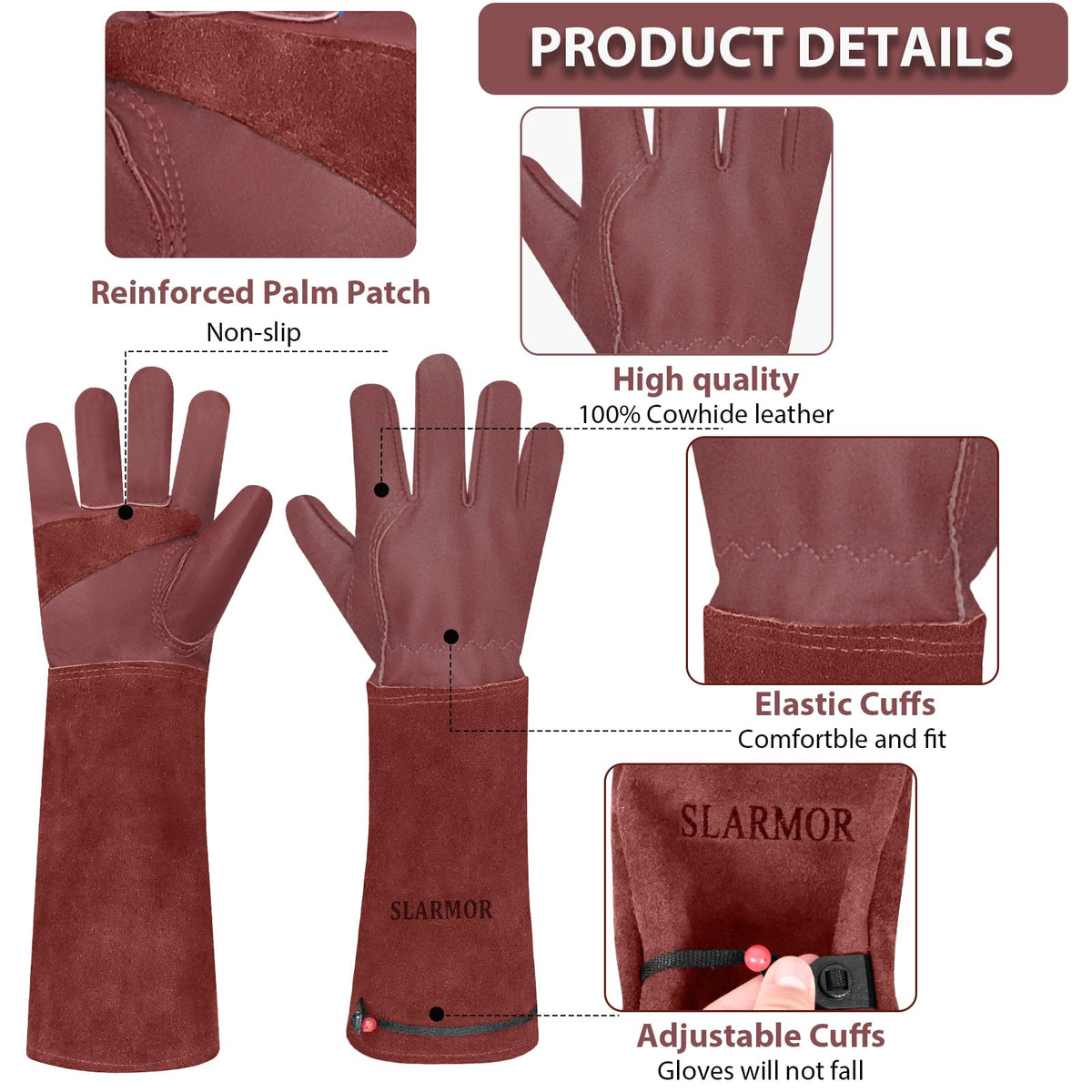 SLARMOR thorn-proof garden gloves close-up showing durable cowhide leather