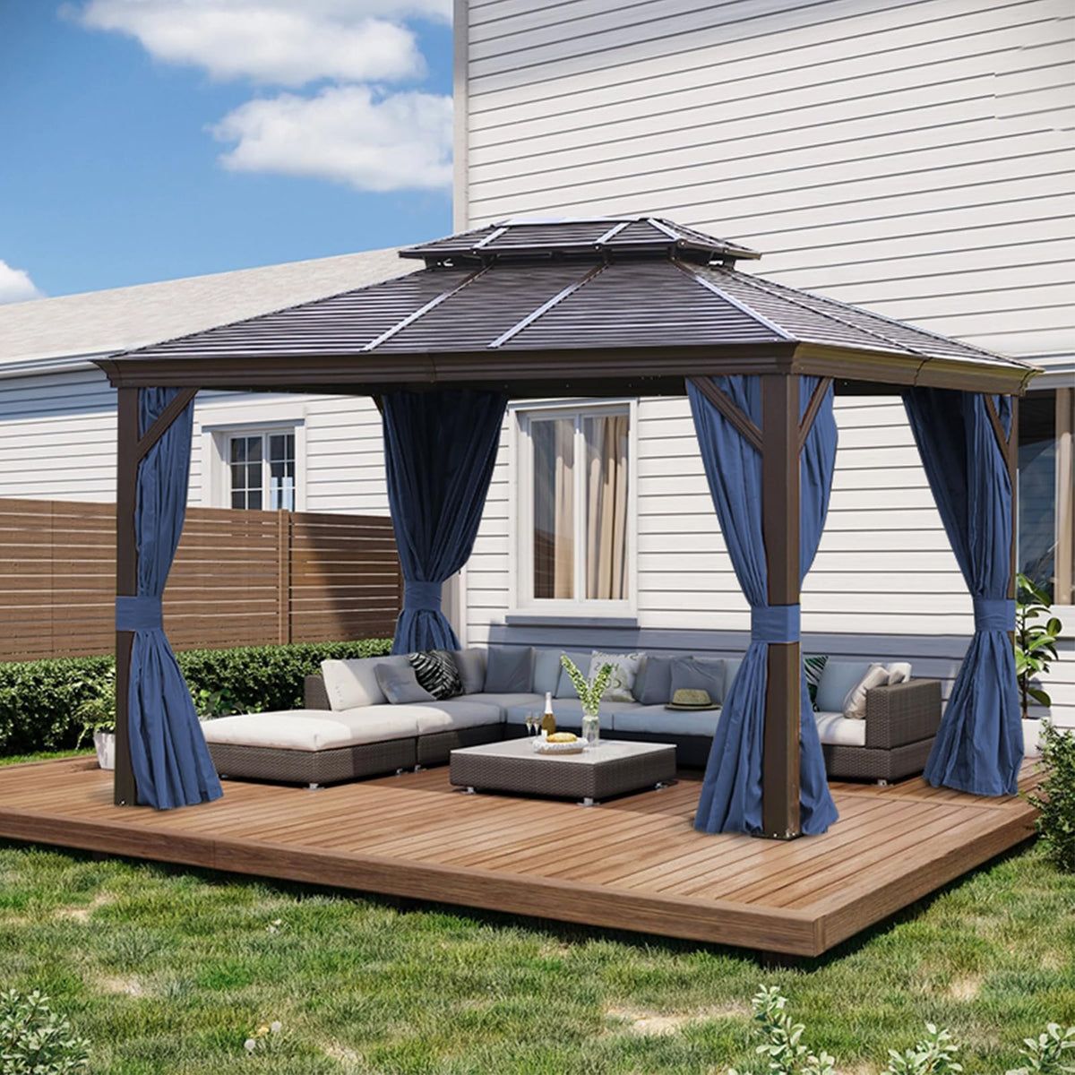 Slashome gazebo curtains navy polyester closeup highlighting durable fabric for outdoor use.