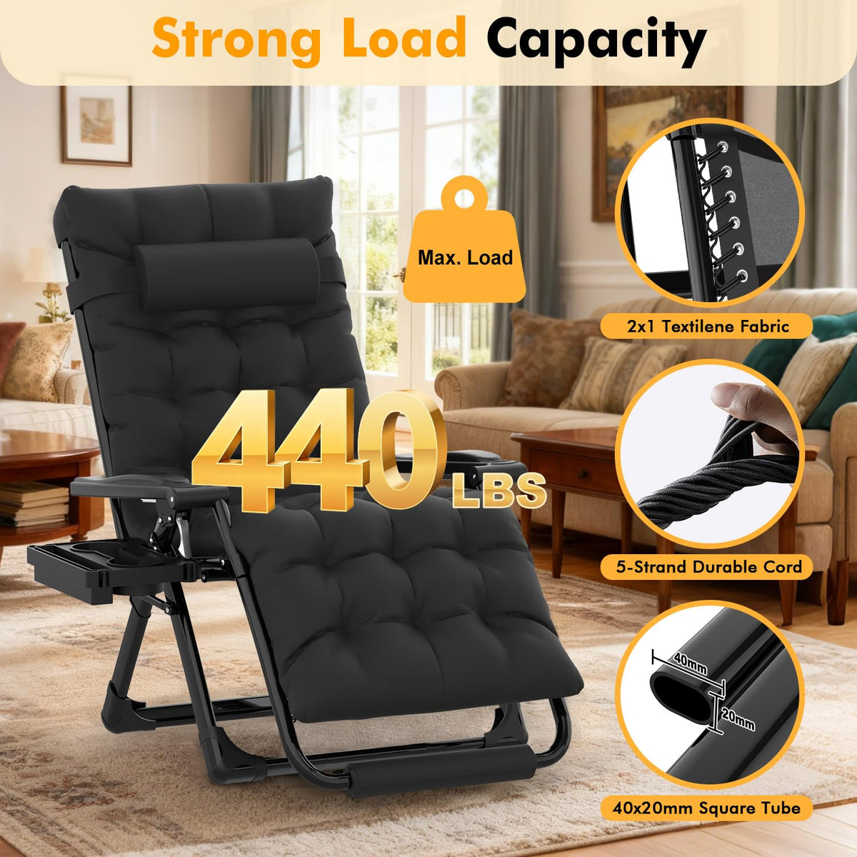 Slendor Oversized Zero Gravity Chair XL cup holder keeps drinks within reach.