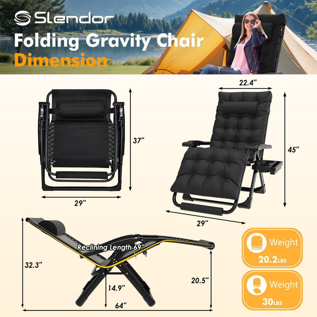 Slendor Oversized Zero Gravity Chair XL padded cushion for added comfort outdoors.