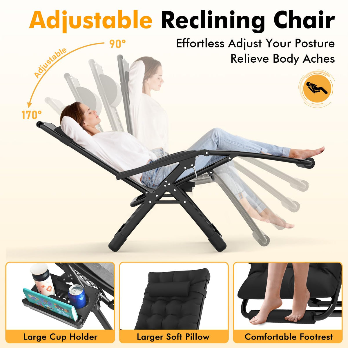 Slendor Oversized Zero Gravity Chair XL side clips stabilize cup holder.