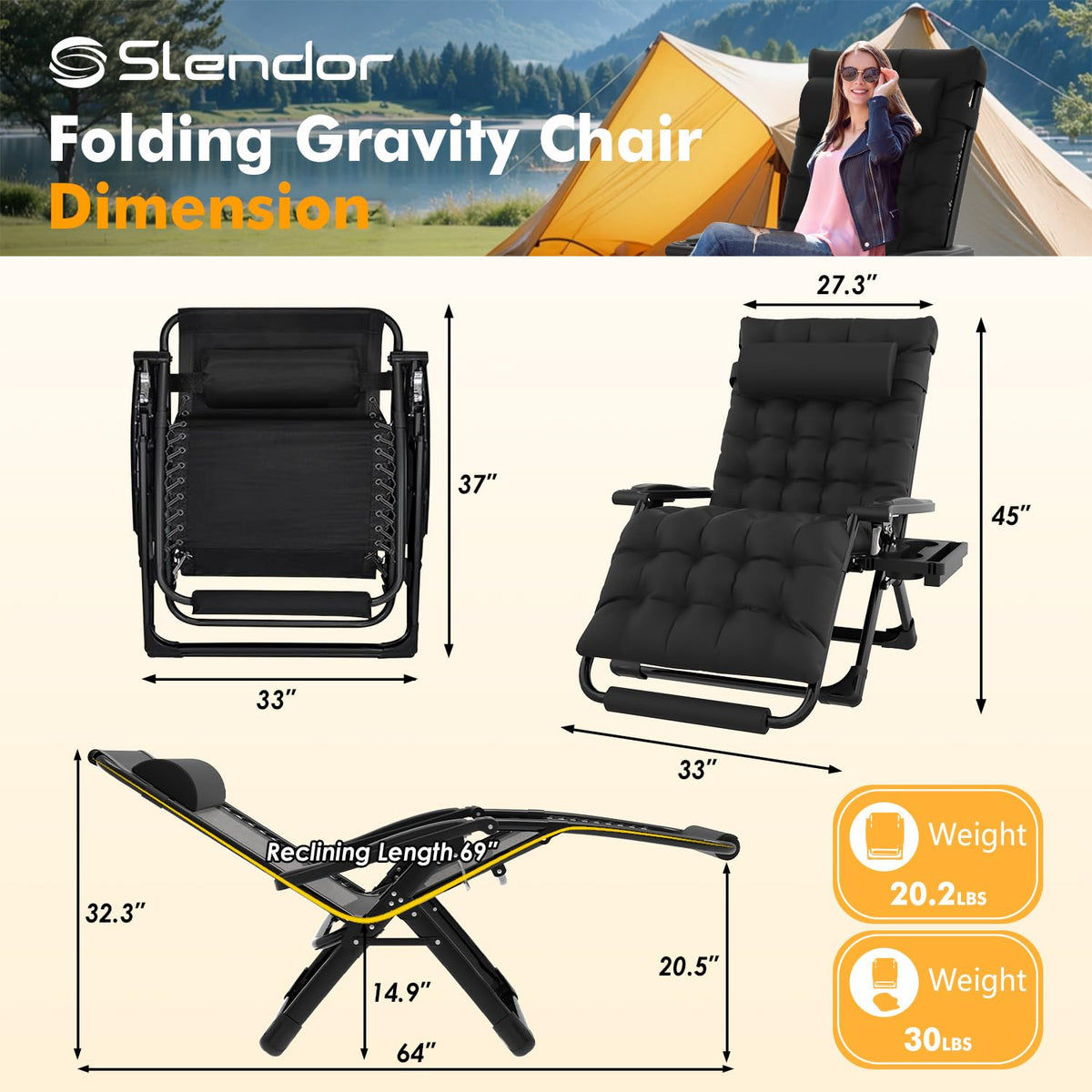 Slendor zero gravity chair with adjustable locking system for stable positions