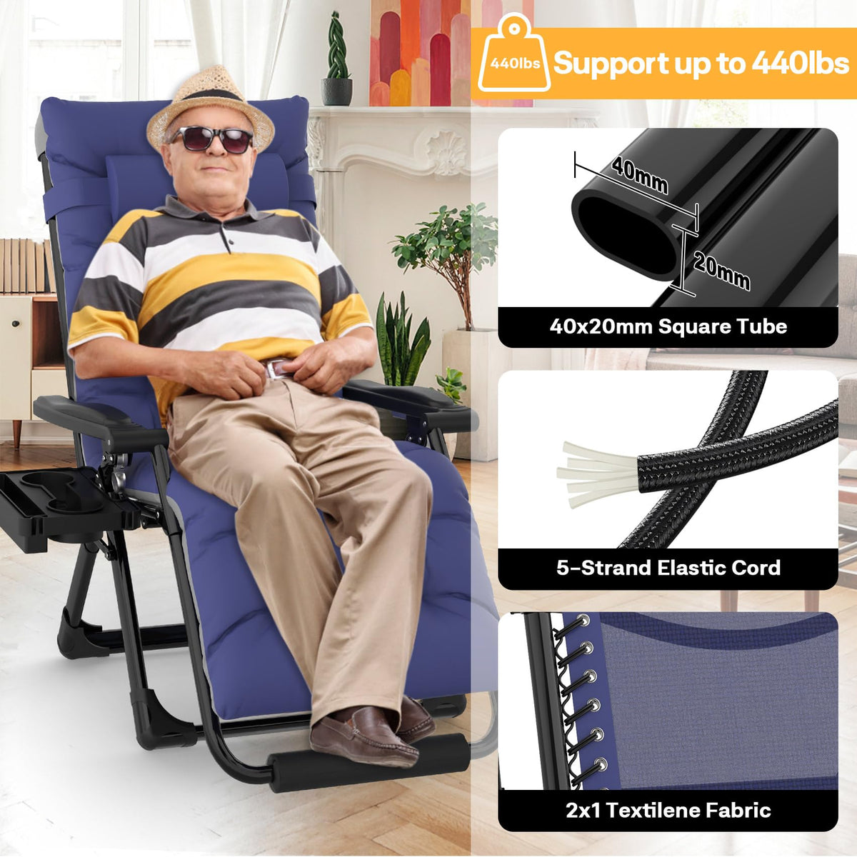 Slendor zero gravity chair headrest and cup holder provide convenient outdoor lounging.