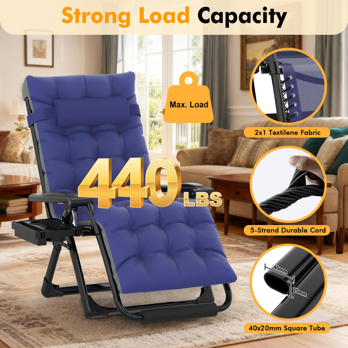 Slendor zero gravity chair padded back cushion emphasizes enhanced comfort during use.