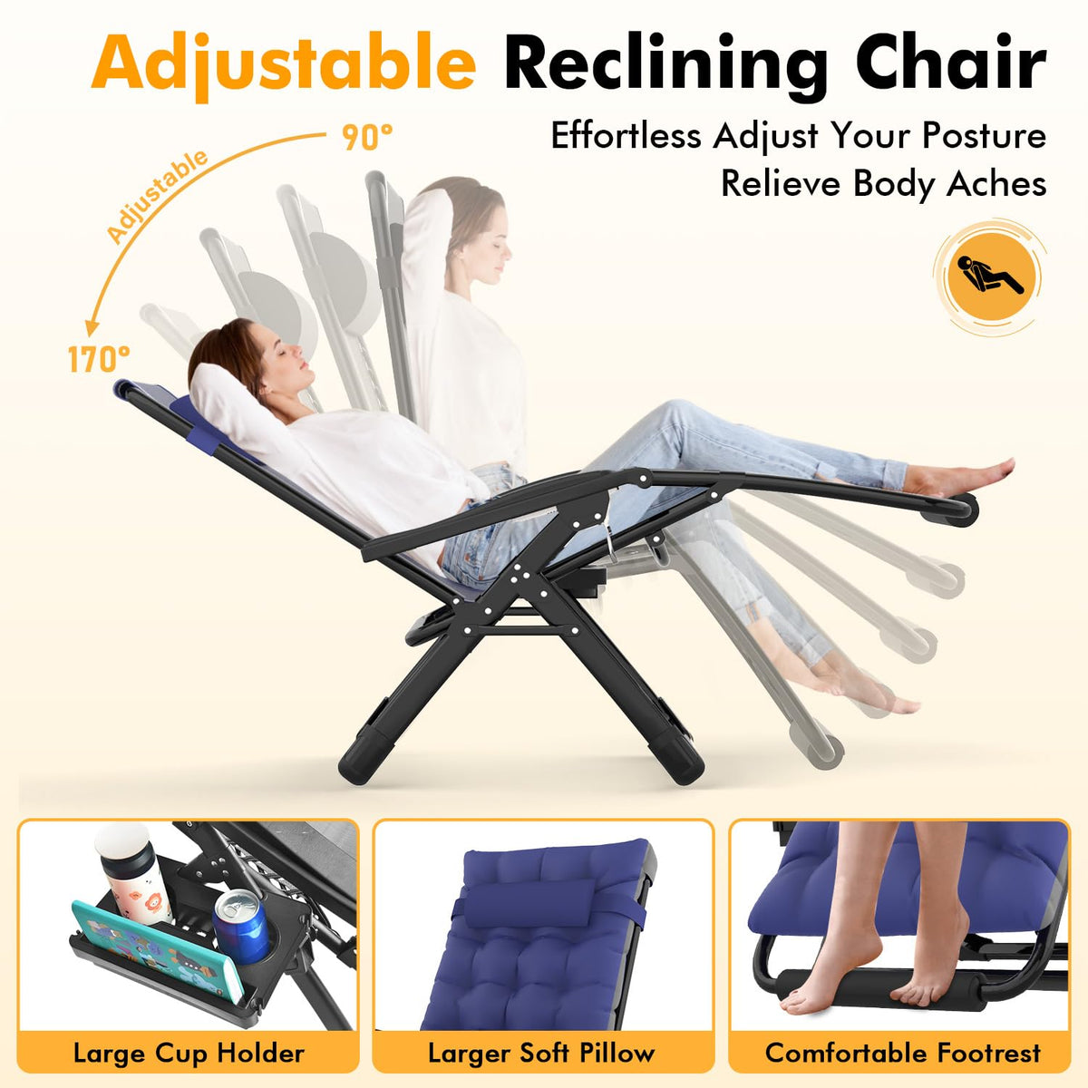 Slendor zero gravity chair triangular frame emphasizes stability and high weight support.