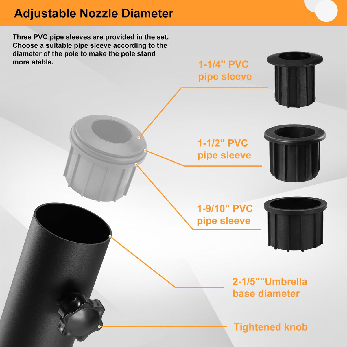 SLIIMU adjustable umbrella base sleeve fits multiple pole diameters for flexible setups.