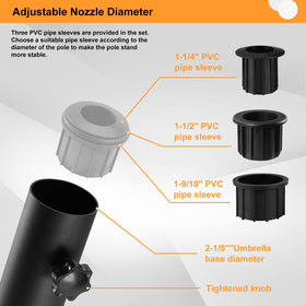 SLIIMU adjustable umbrella base sleeve fits multiple pole diameters for flexible setups.