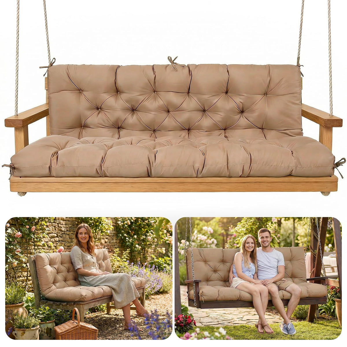 SLIMSTY porch swing cushion on a wooden outdoor swing for cozy seating.