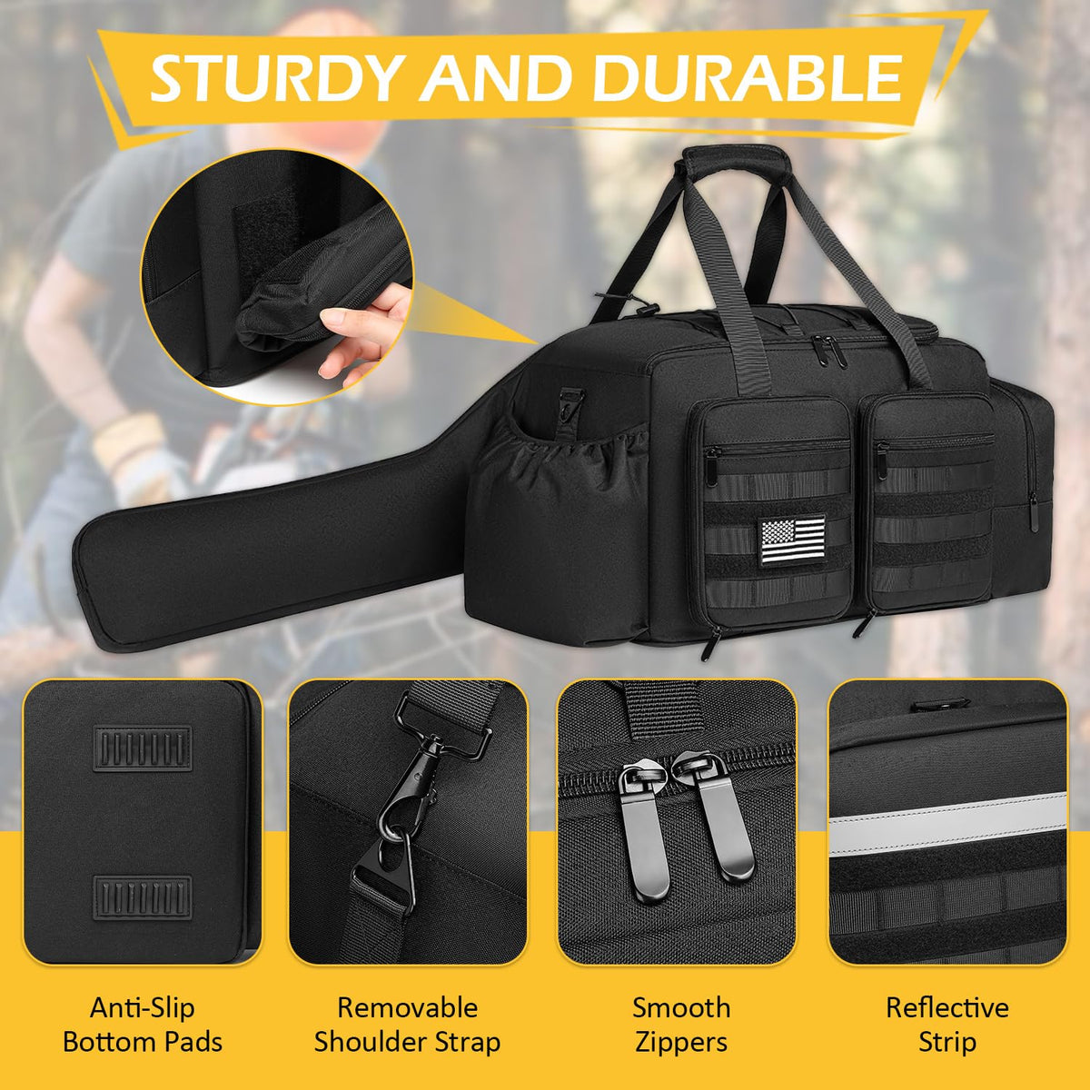 SLINRKE chainsaw case durable fabric resists wear and weather.