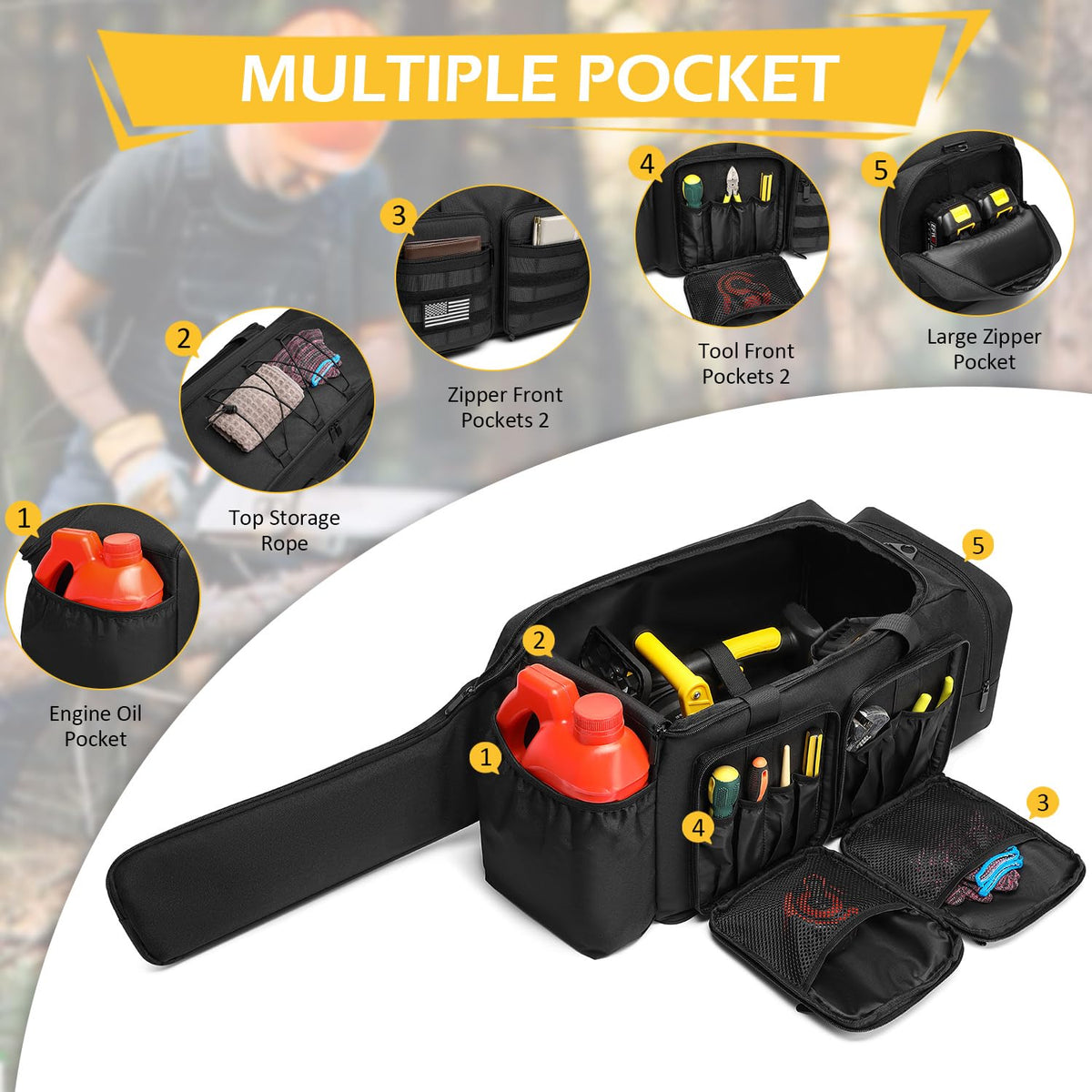 SLINRKE chainsaw case exterior pouches keep oil and small parts organized.