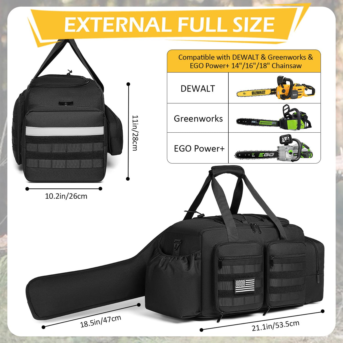 SLINRKE chainsaw case interior compartments for batteries and tools for quick access.