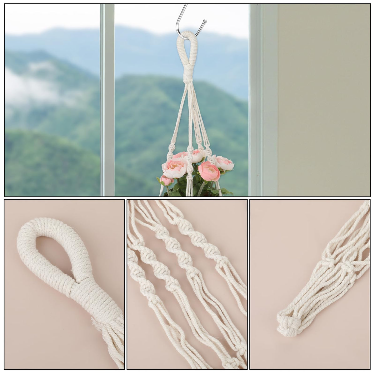 Sliverdew macrame hanger with metal hook rings for secure hanging