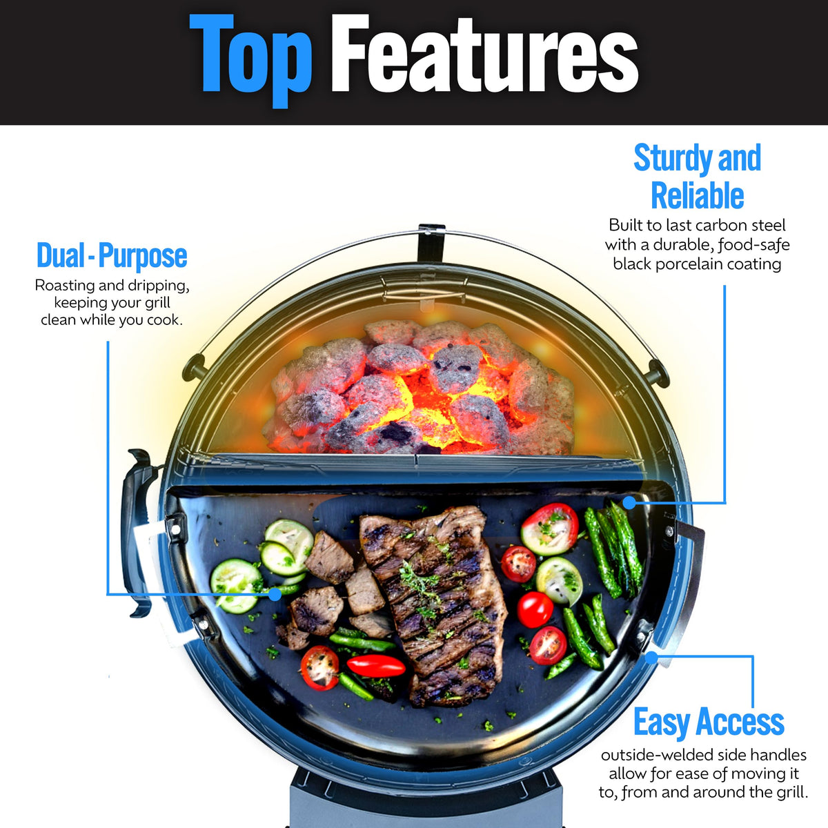 Sturdy welded side handles on the SnS Drip N Roast Pan