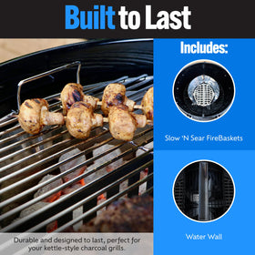 Slow ’N Sear extended burn-time basket maximizes fuel efficiency for longer cooks.