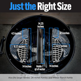 Slow ’N Sear FireBasket water pan integration stabilizes temperatures for juicy, consistent results.