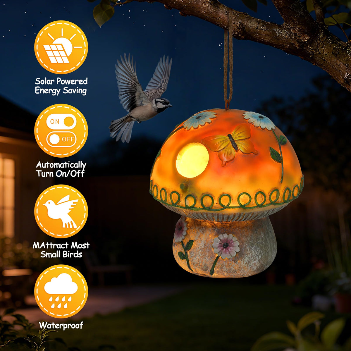 Smadeer LED-lit night glow inside birdhouse for garden ambiance.