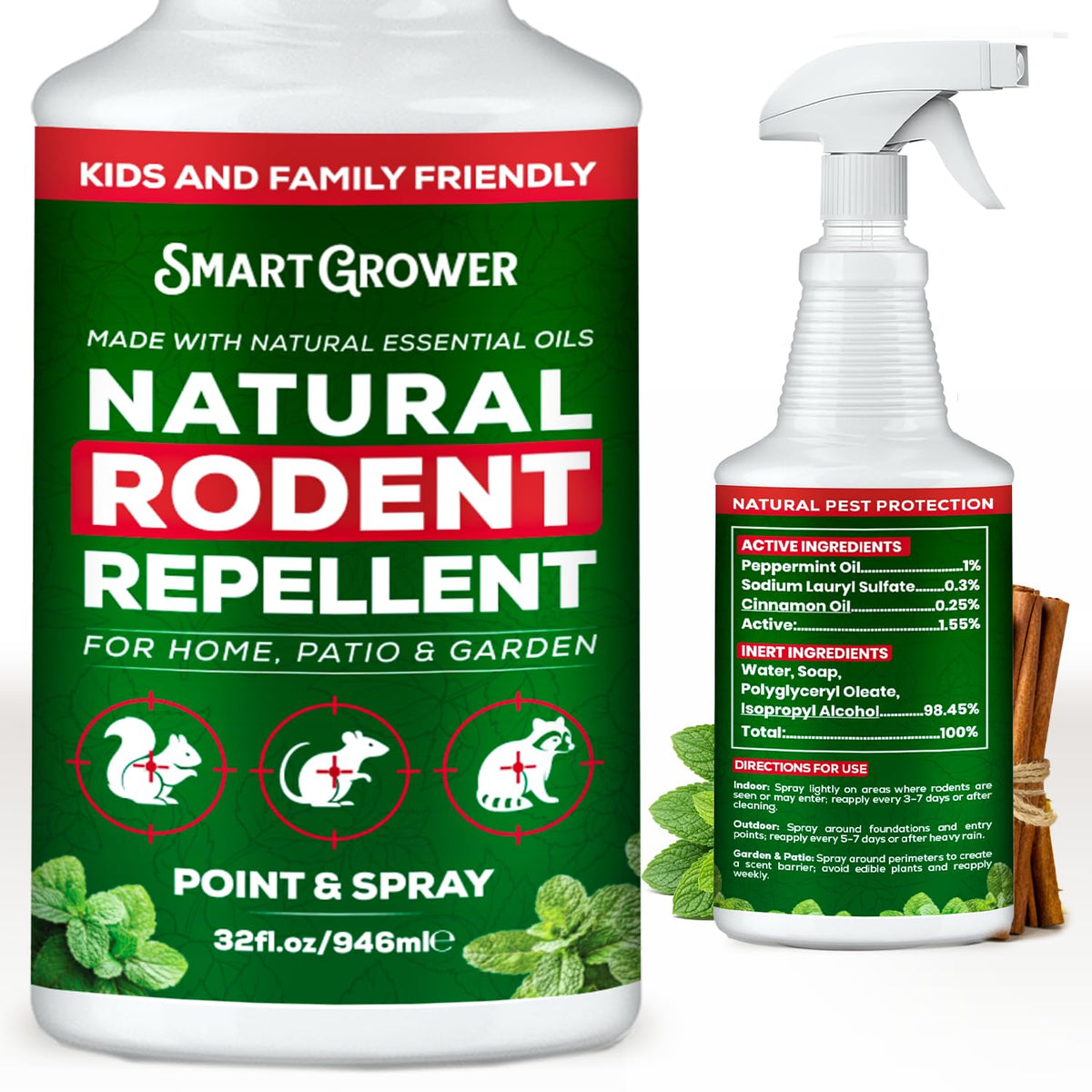 Smart Grower peppermint oil spray bottle ready for easy rodent deterrence around the home