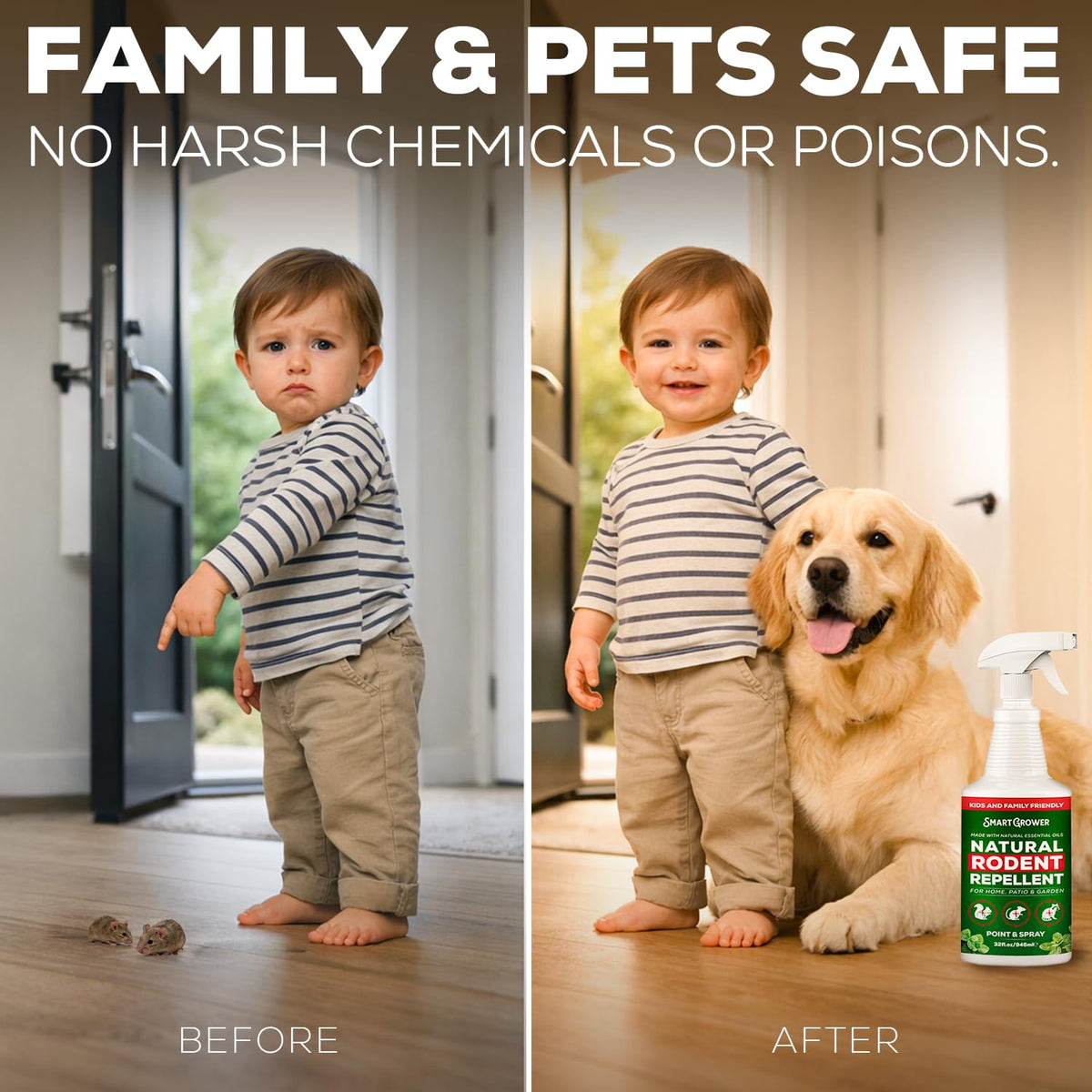 Smart Grower peppermint spray used in a kitchen for indoor rodent protection