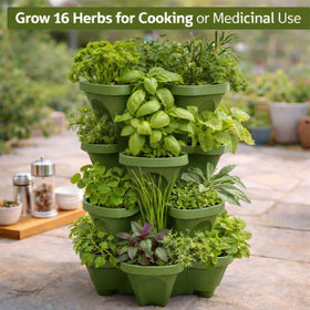 Smart Spring stackable garden planter with 16 plant sites enables compact food production.