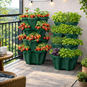 Smart Spring vertical planter tower 16 sites on compact footprint.