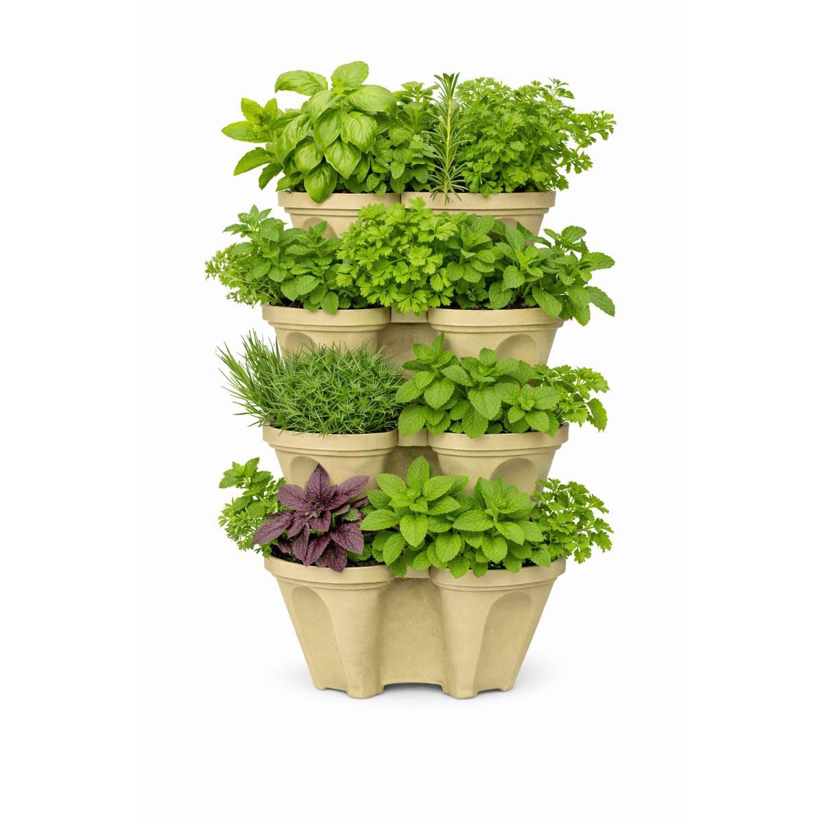 Smart Spring vertical planter tower desert sand front view highlighting stacked plant sites