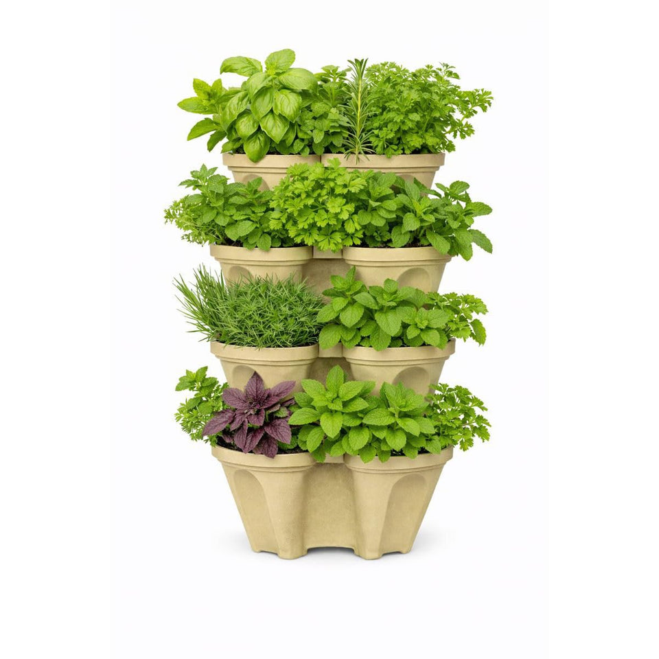 Smart Spring vertical planter tower desert sand front view highlighting stacked plant sites