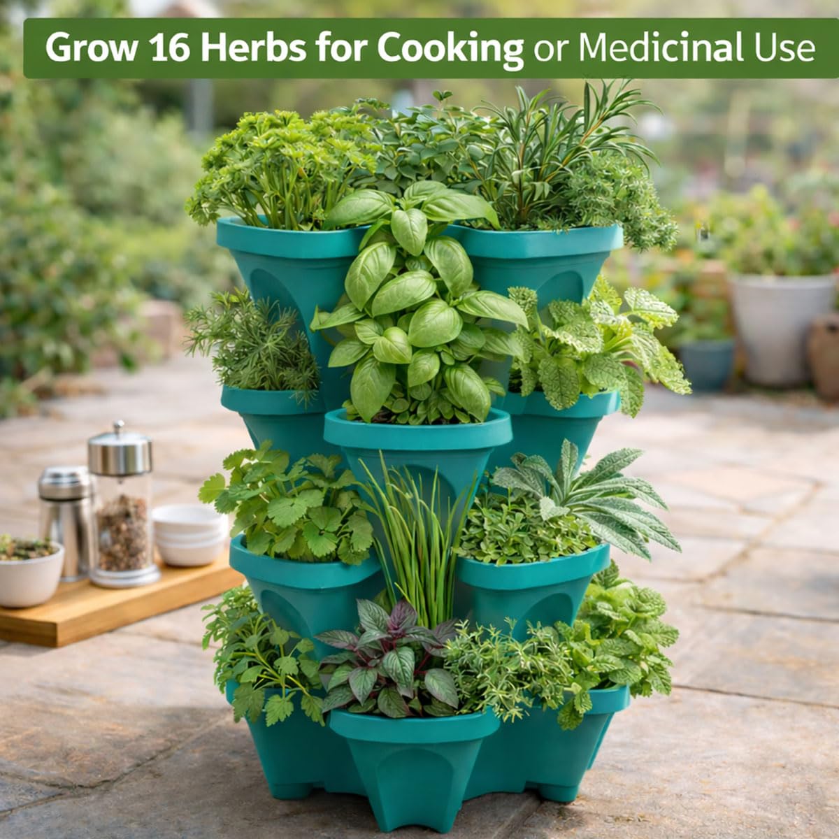 Smart Spring four-tier stackable planter with 16 plant sites for high-density planting.