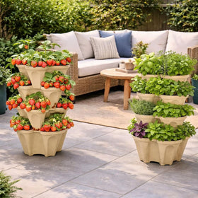 Smart Spring vertical planter tower top-down watering shot conveys simple, efficient irrigation through levels