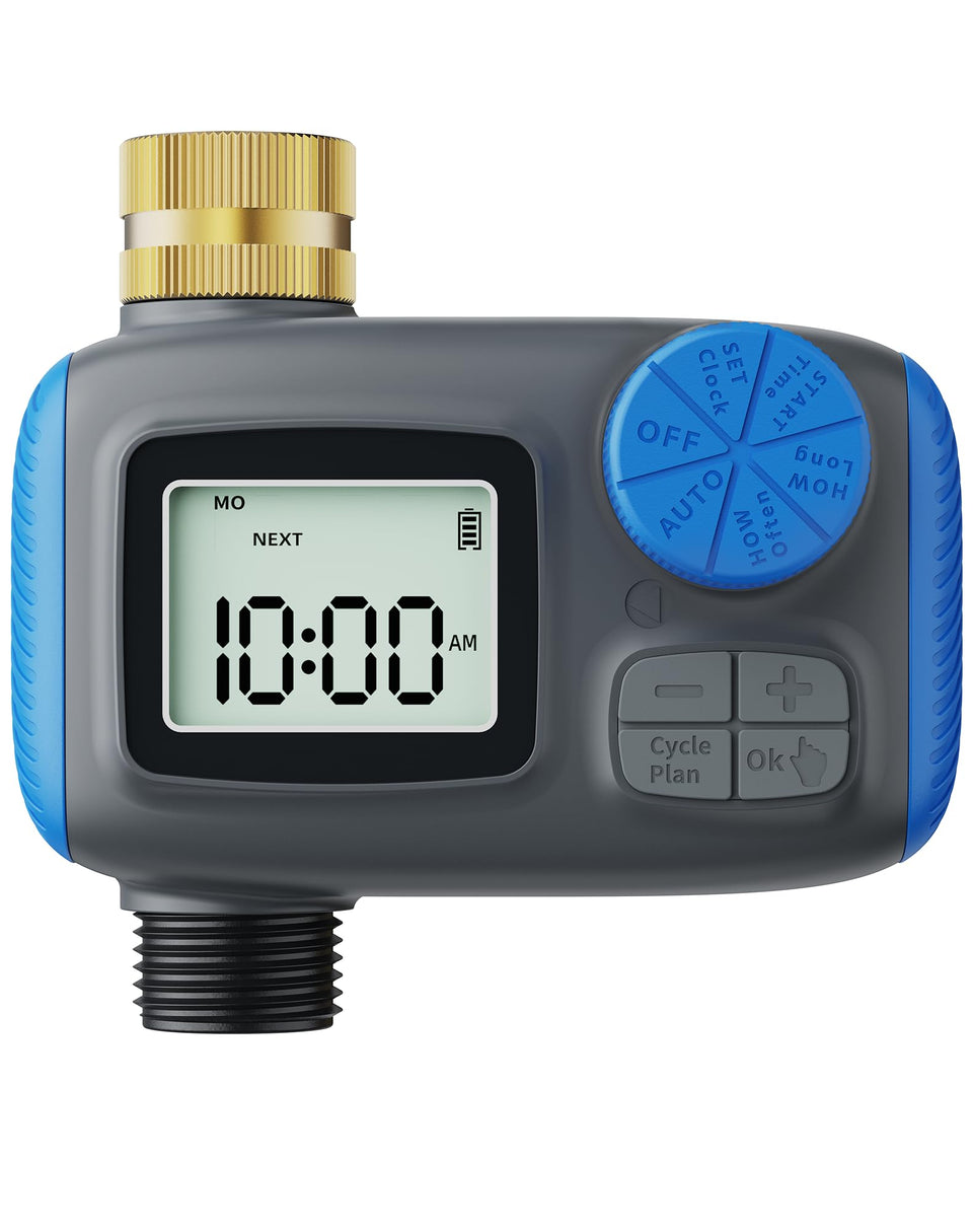 Smartale sprinkler timer with brass female coupler for durable garden connections.