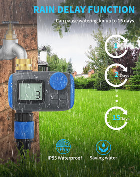 Smartale timer rain-delay feature helps conserve water when rain is forecast.