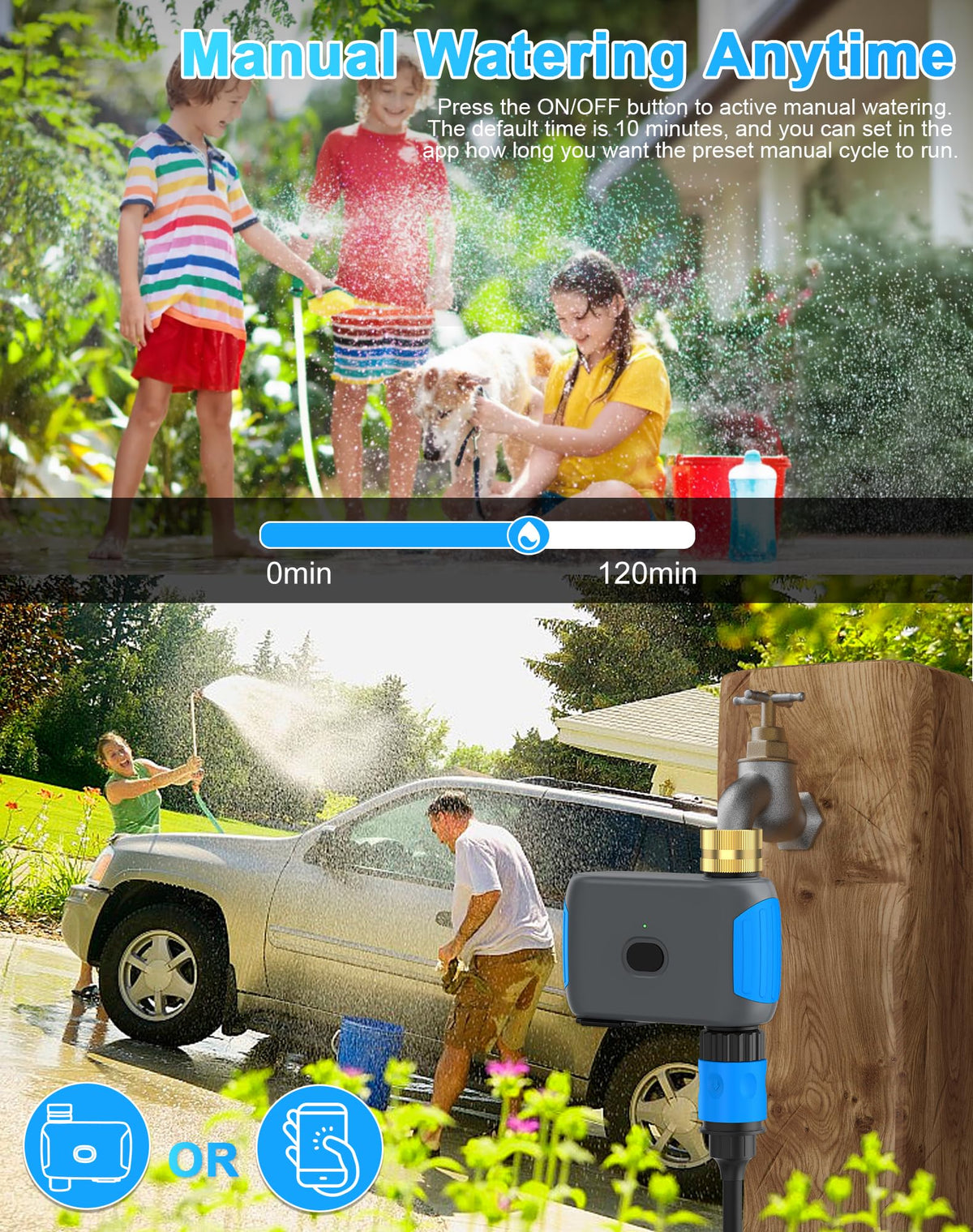 Manual watering button accessible in app for temporary needs
