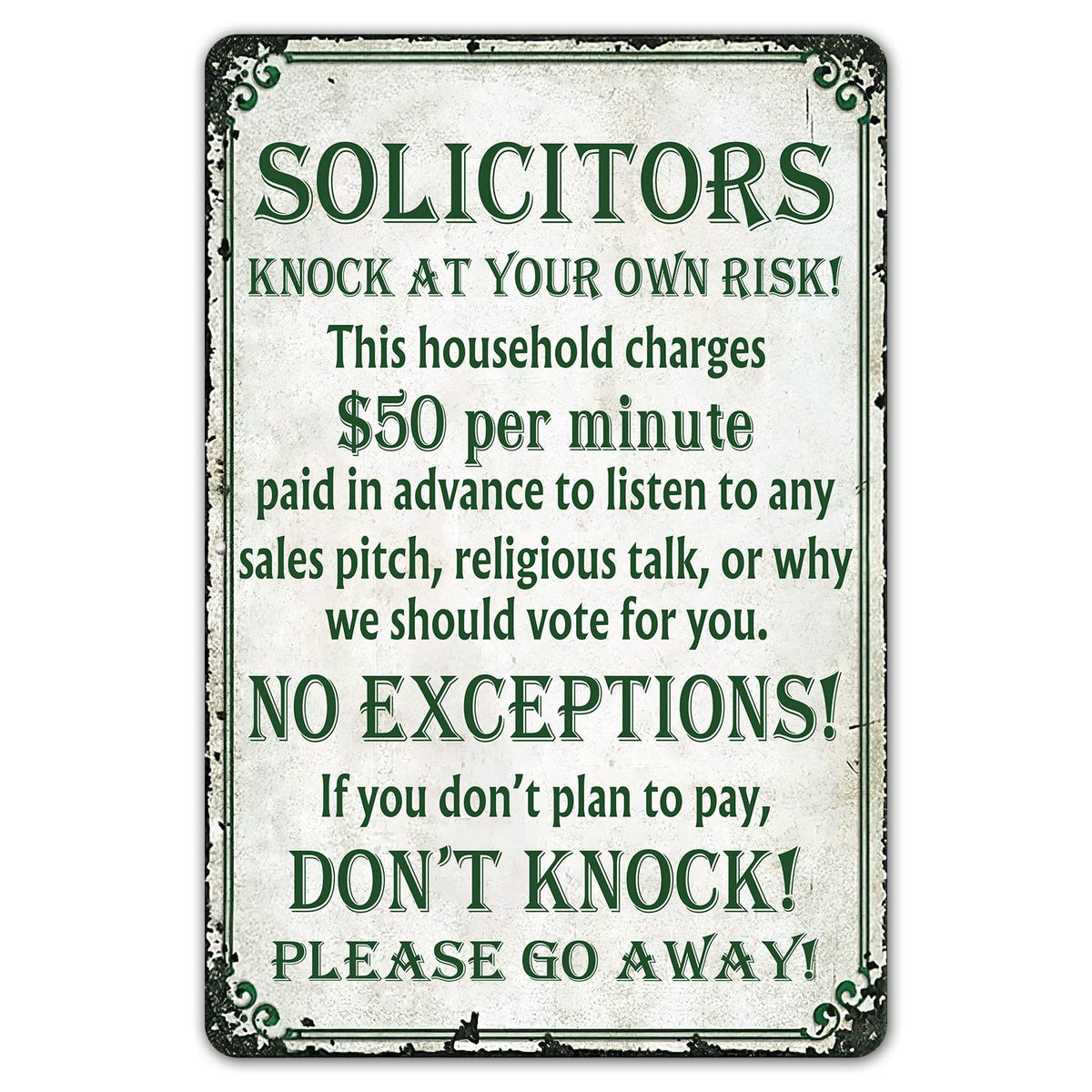 SmartCows humorous no-soliciting sign for the front door deters interruptions with witty flair.