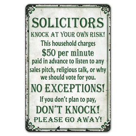 SmartCows humorous no-soliciting sign for the front door deters interruptions with witty flair.