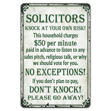 SmartCows humorous no-soliciting sign for the front door deters interruptions with witty flair.