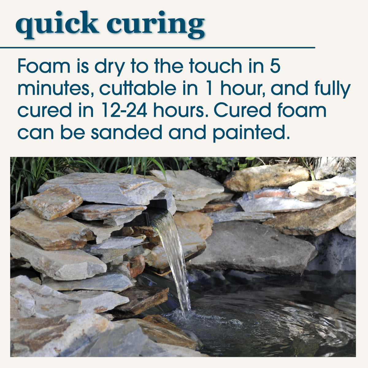 Smartpond Waterfall Foam Sealant black color blends with rocks