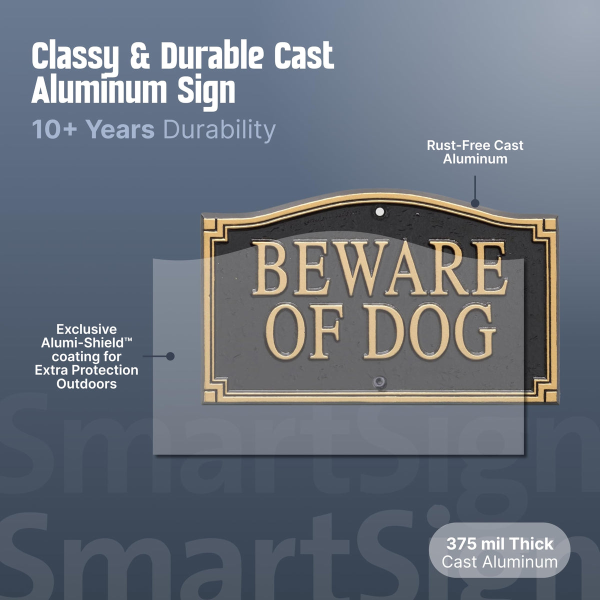 SmartSign Designer Beware of Dog sign, aluminum 5.75 x 9.5 inches, gold and black curb appeal