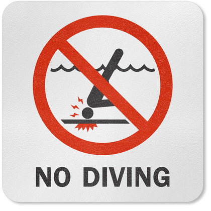 SmartSign No Diving adhesive vinyl marker, front view, durable pool safety signage.